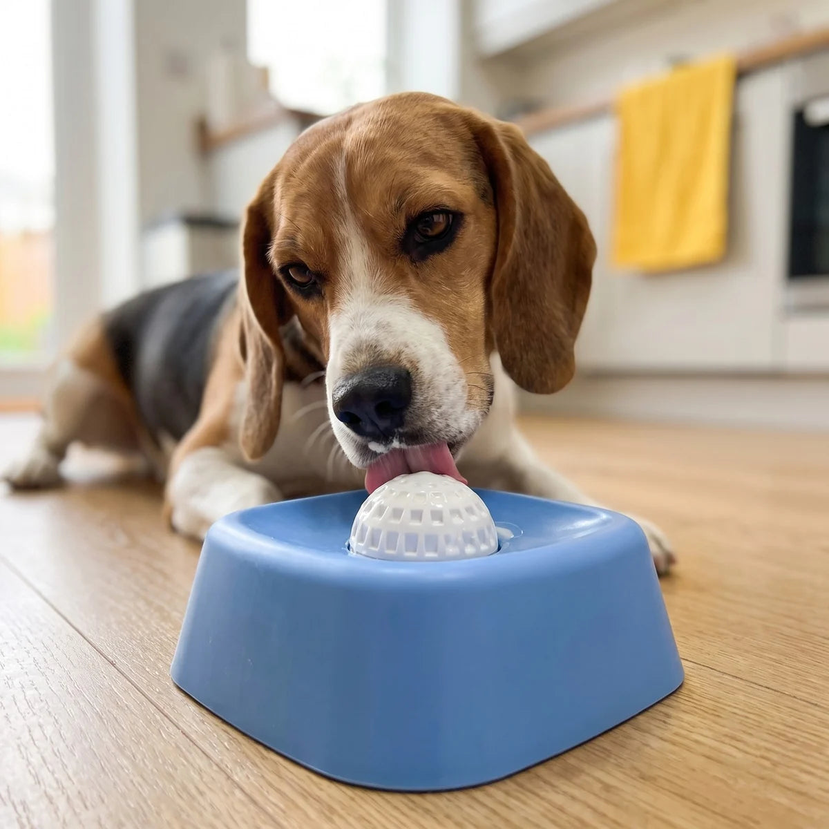 Un beagle lame la bola del comedero
