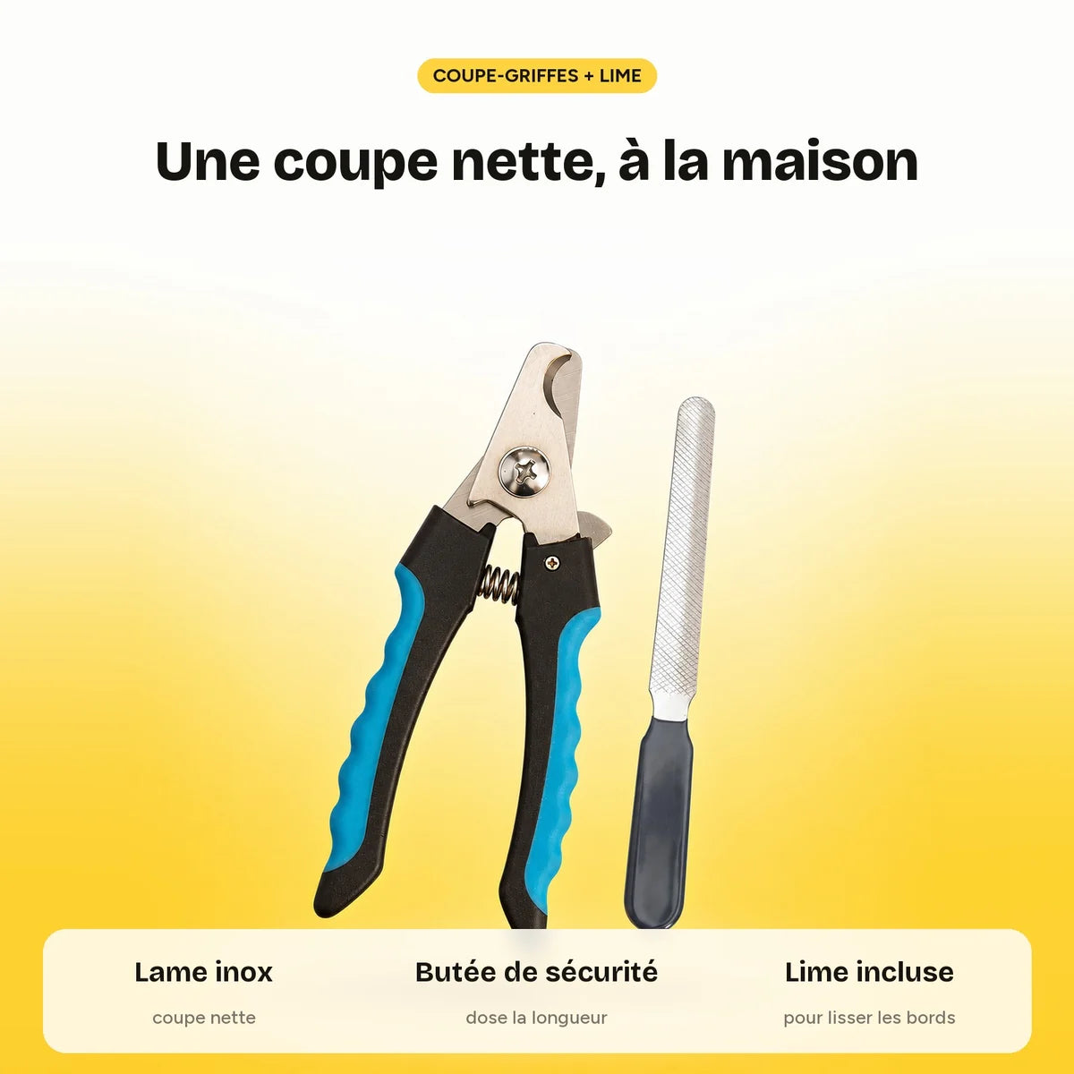 Le coupe-griffes : lame inox, butée de sécurité, lime incluse
