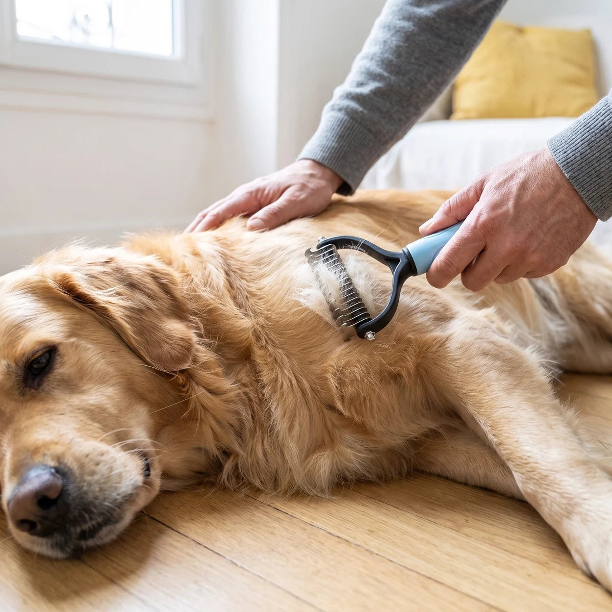 Le râteau passé dans le pelage d'un golden retriever