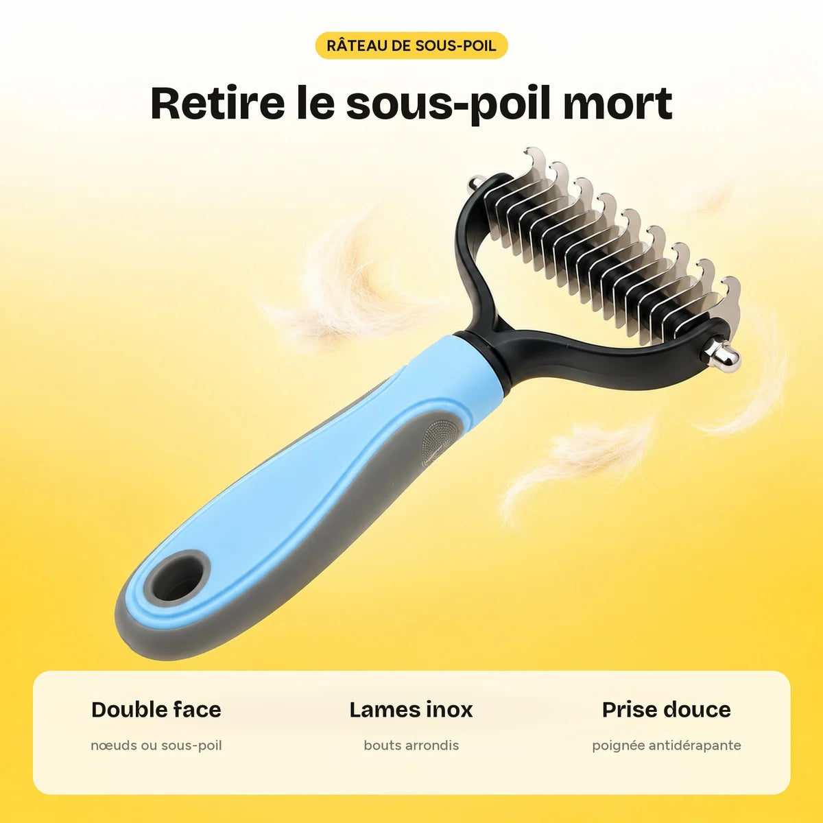 Le râteau double face : lames inox, bouts arrondis, prise douce