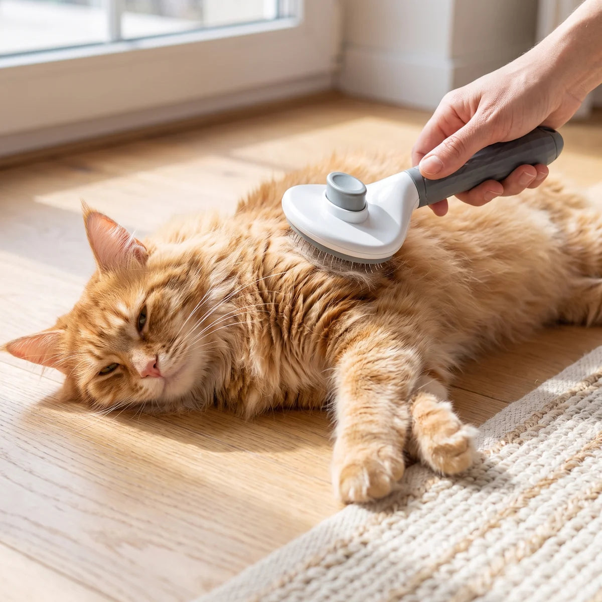La brosse passée sur un chat roux allongé sur un parquet