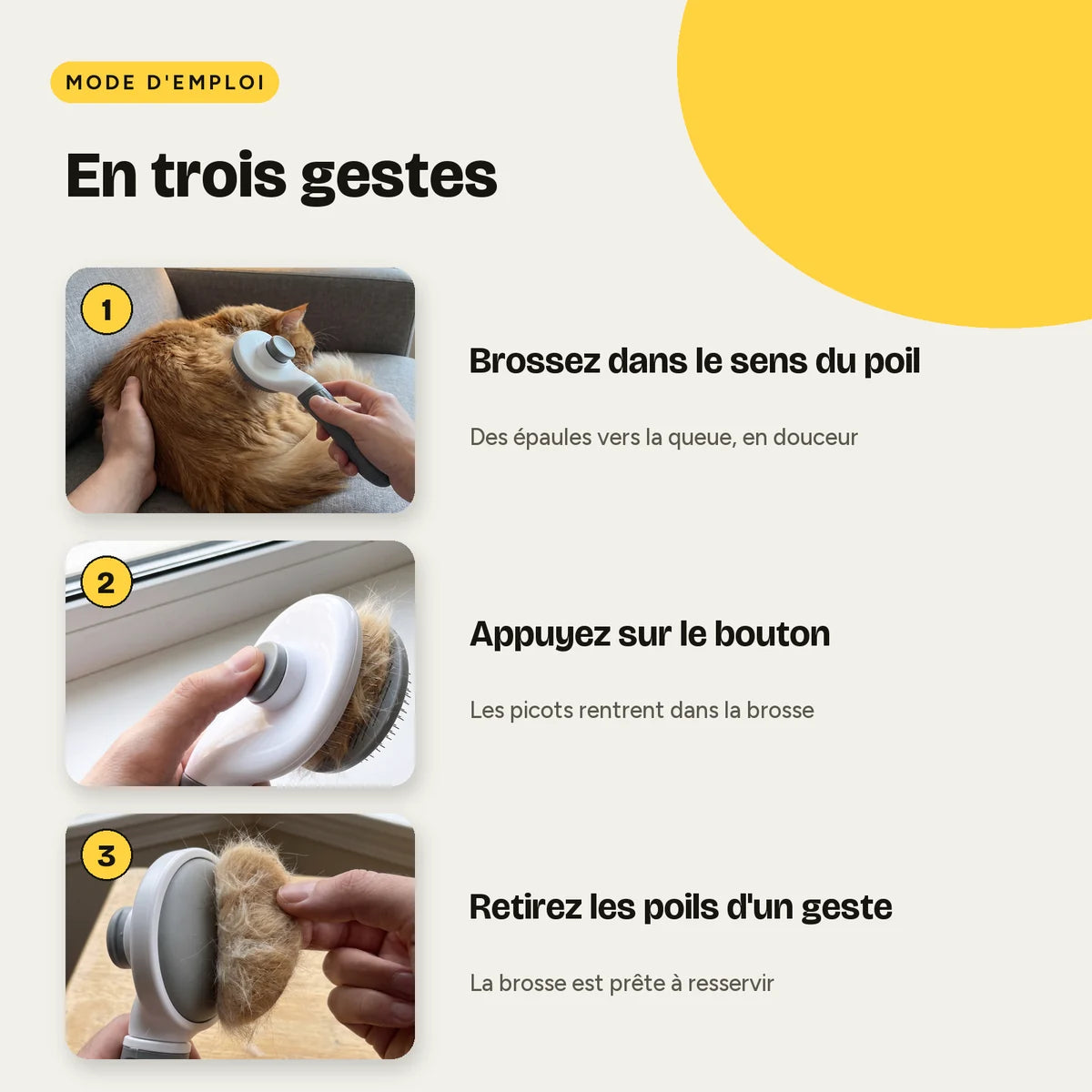 Mode d'emploi en trois gestes : brosser, appuyer sur le bouton, retirer les poils