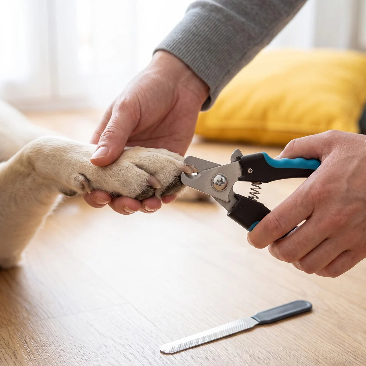 Une coupe de griffe, juste la pointe, sur la patte d'un chien