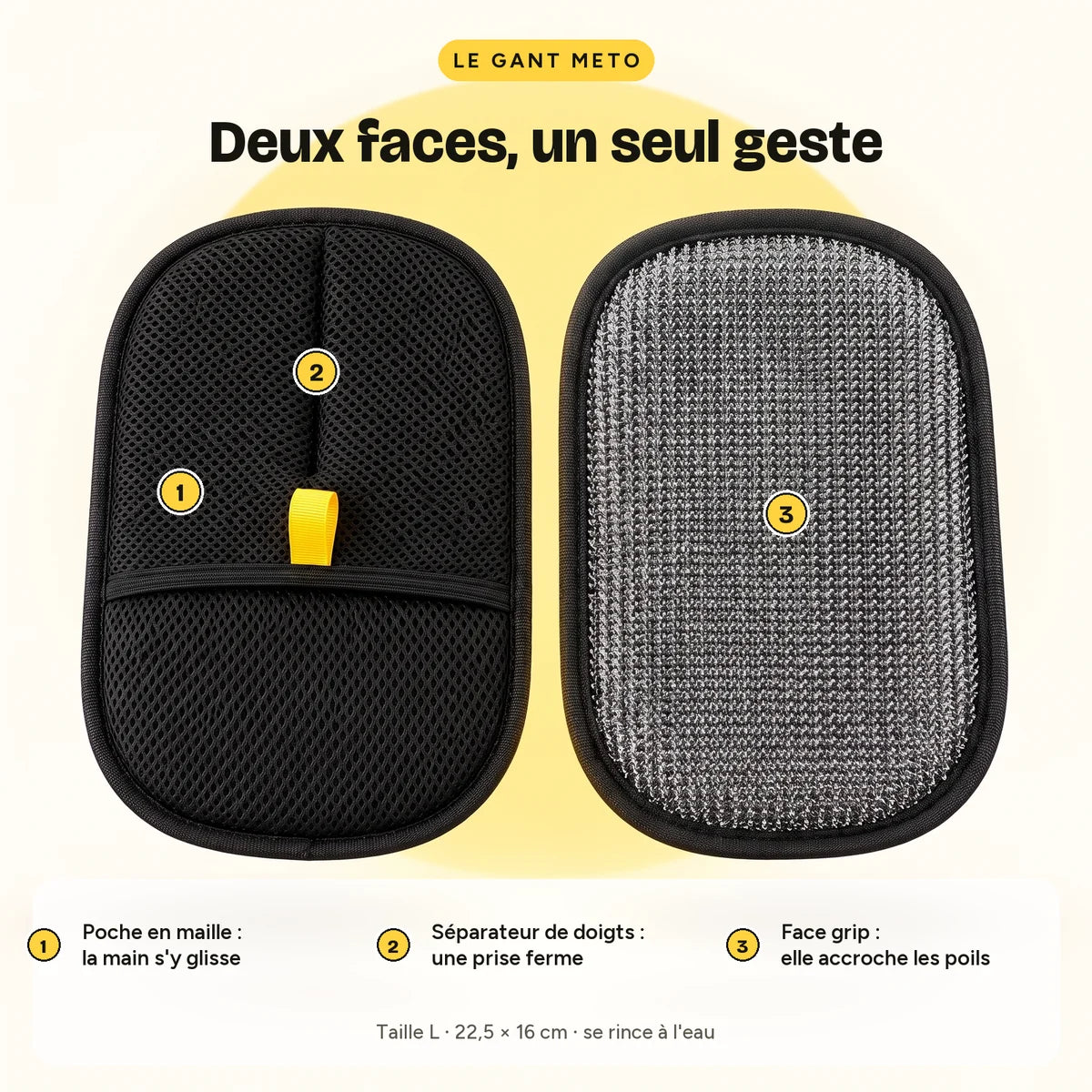 Both faces of the glove: mesh pocket, finger separator, grip face