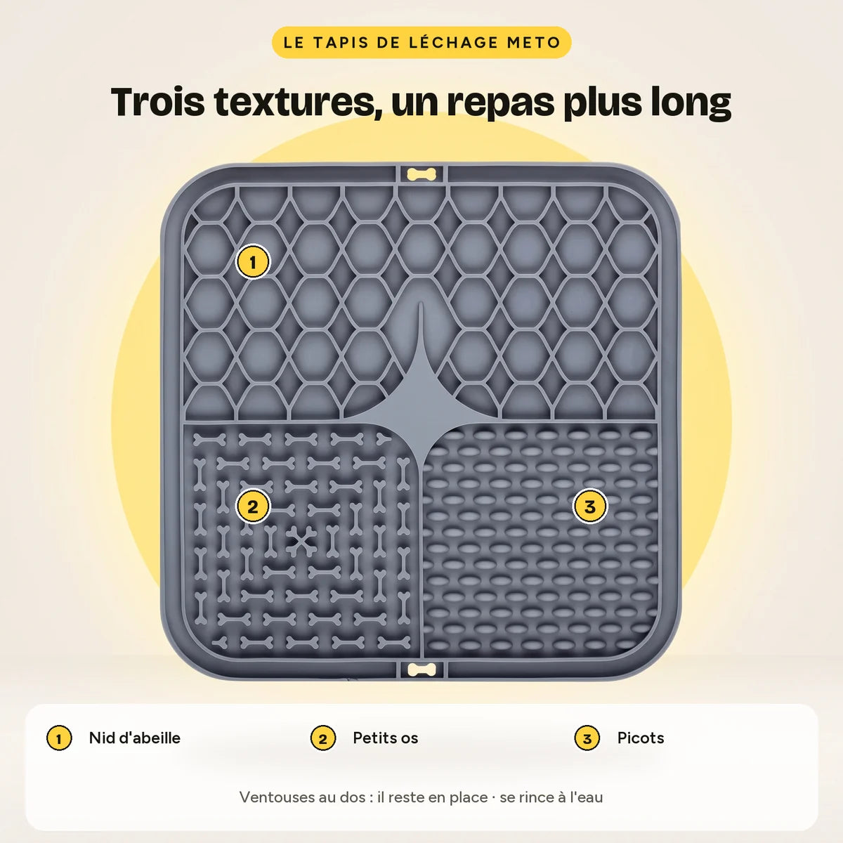 Les trois textures du tapis : nid d'abeille, petits os, picots