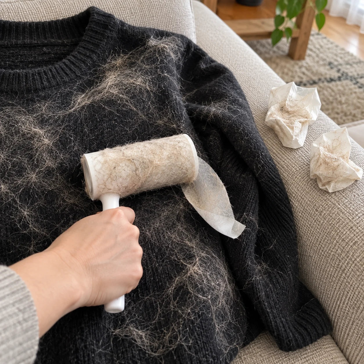 A black jumper covered in cat hair: the lint roller is saturated and the fabric is still full of hair