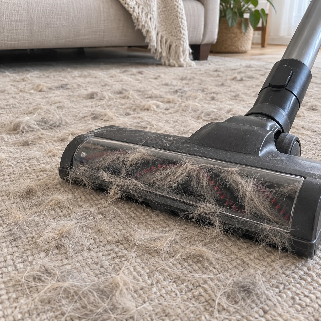 A vacuum head clogged with hair on a rug still covered in dog hair